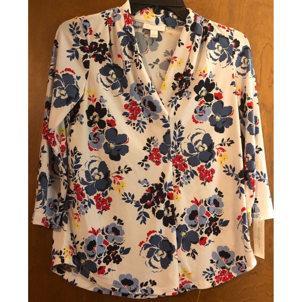 Women's Charter Club White Floral V-Neck Blouse Size PP NWT B1